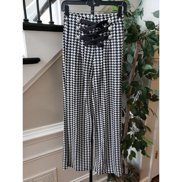 Women's Trouser Pants Small White Black Houndstooth Wide Leg Criss Cross Detail - Picture 1 of 8